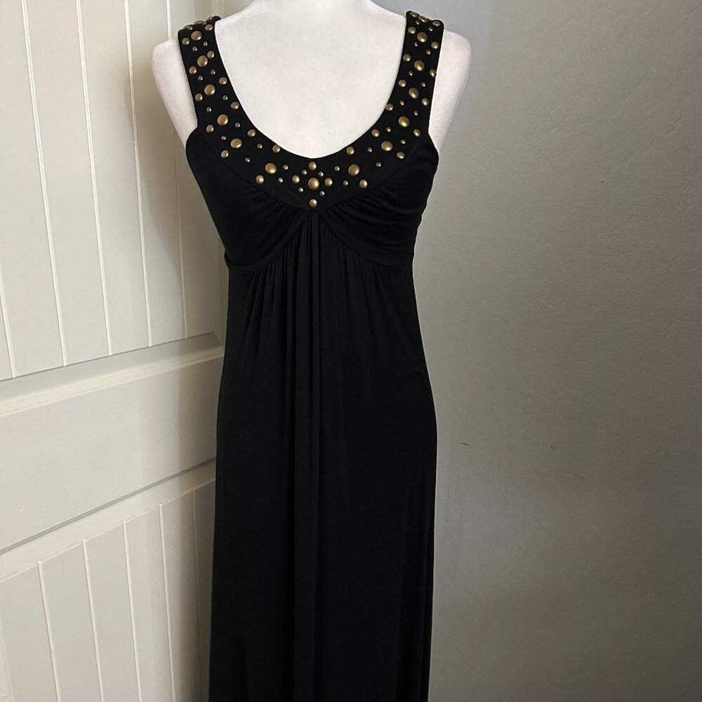 INC Women's Black Scoop/V-Neck Rayon/Spandex Dress Brass Color Stud Trim Small